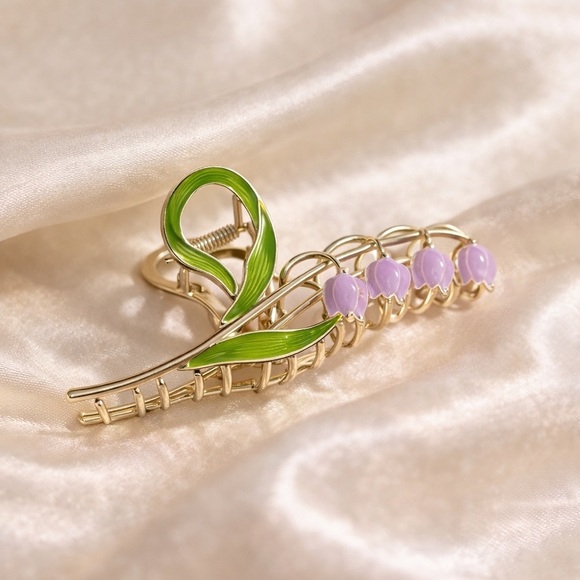 Vintage Lily of the Valley Gold Tone Floral Barrette Lavender Hair Clip